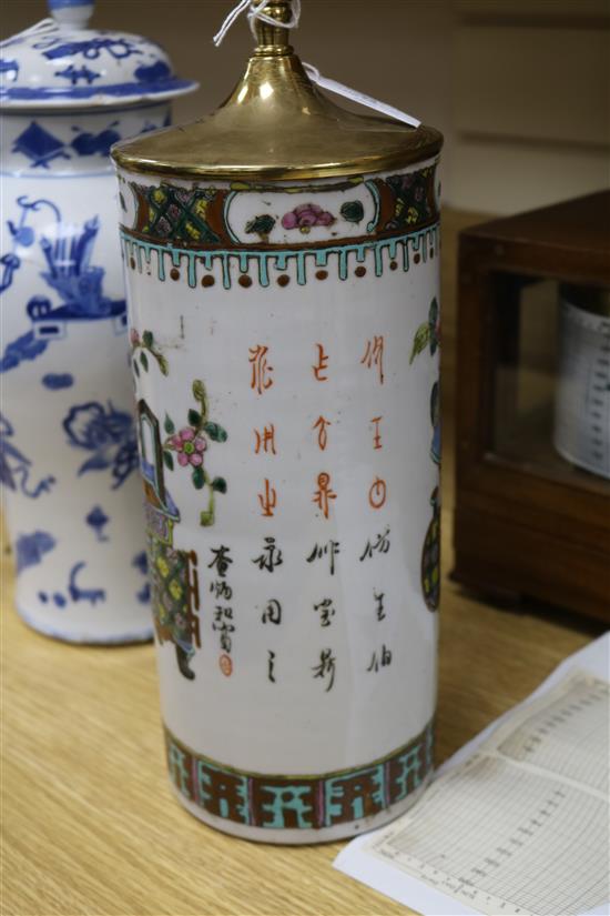 A Chinese famille rose cylindrical vase, mounted as a lamp and a blue and white vase vase height 34cm